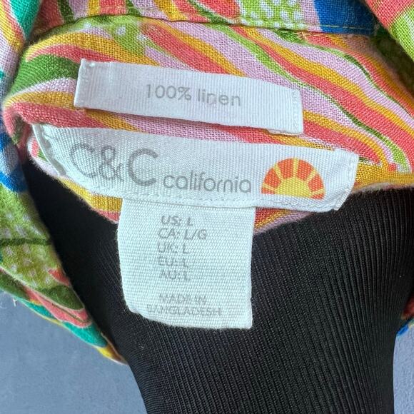C&C California Top Womens Size L Linen Colorful Tropical Button Up Jungle Palms - Picture 7 of 8